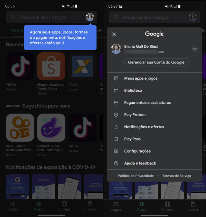 Google Play Store recebe novo menu em atualização (Imagem: Reprodução/Tecnoblog)