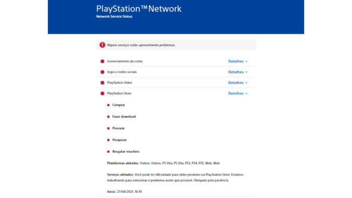 PSN Status mostra PlayStation Network fora do ar (Imagem: Reprodução/PSN Status)