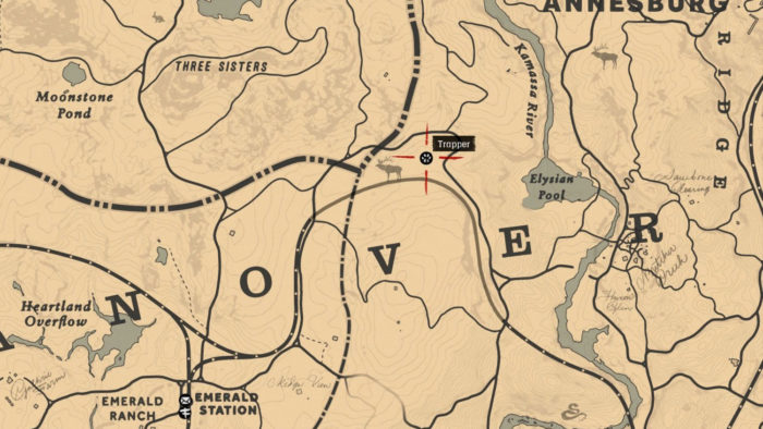 Localização do armadilheiro em New Hanover (Imagem: Reprodução/Rockstar Games) / onde vender pele red dead redemption 2
