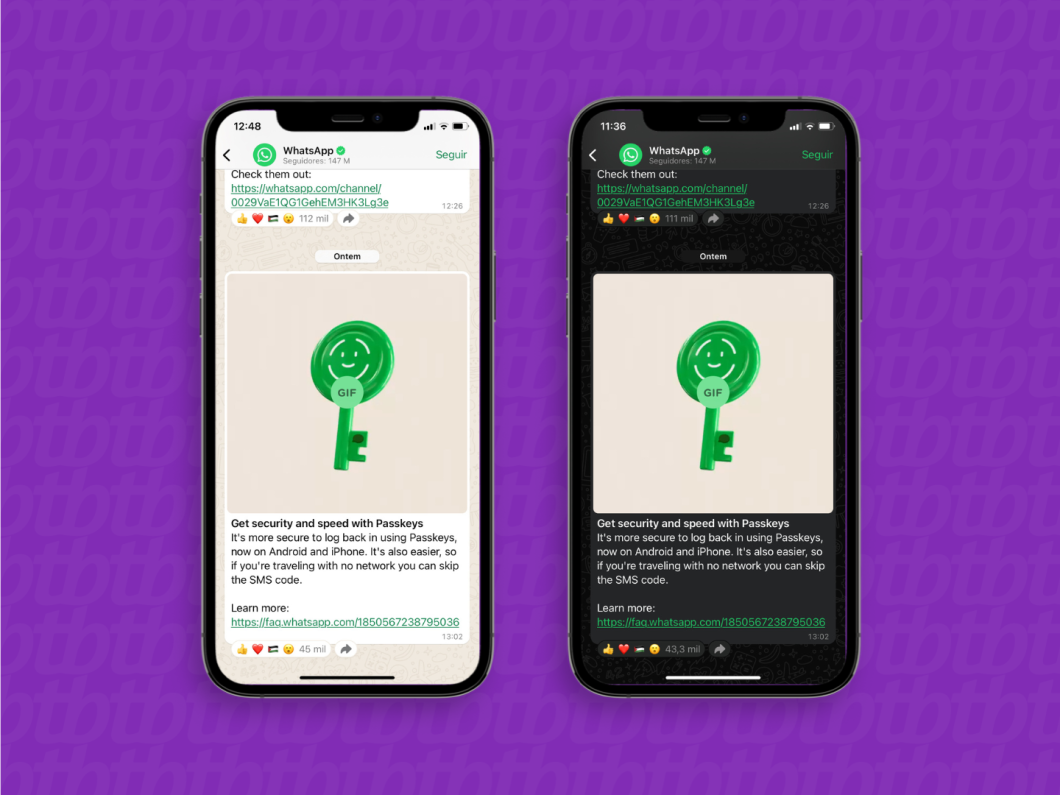 Telas mostram WhatsApp com links verdes no modo claro e modo escuro 