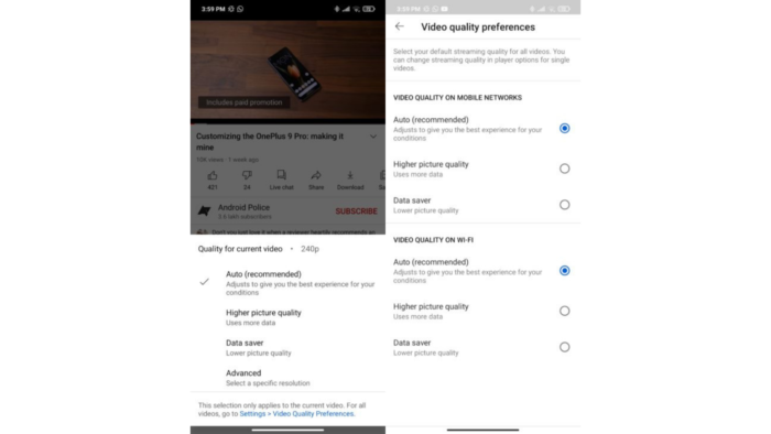 Controle de resolução de imagem no YouTube (Imagem: Reprodução/Android Police)
