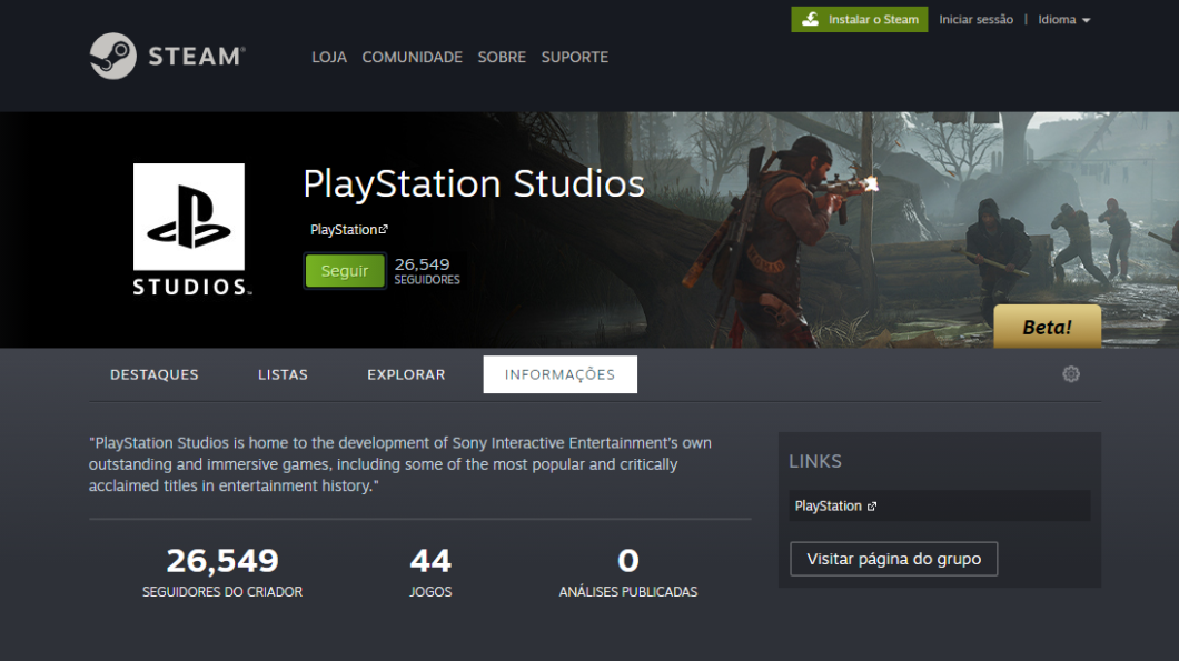 Página de criador do PlayStation Studios no Steam (Imagem: Murilo Tunholi/Tecnoblog)