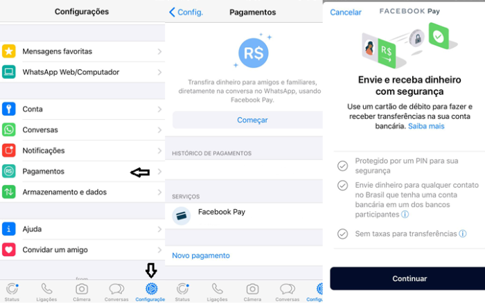 Acesse o Facebook Pay nas configurações do app (Imagem: Reprodução/WhatsApp)