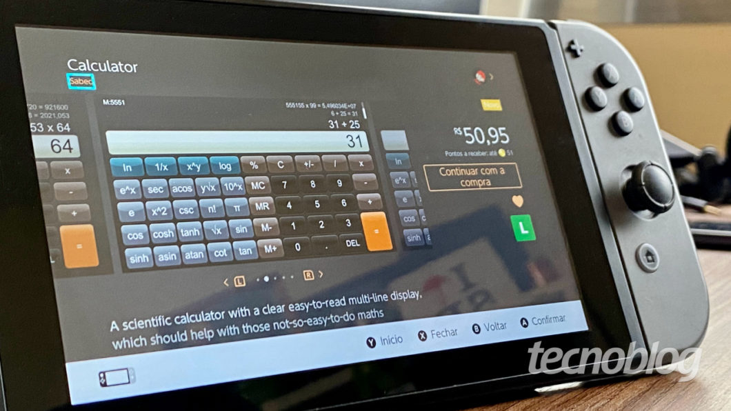 App de calculadora para o Nintendo Switch (imagem: André Fogaça/Tecnoblog)