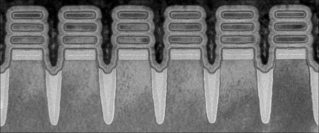 Transistores em chip conceitual de 2 nm da IBM (imagem: divulgação/IBM)