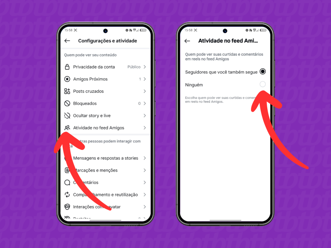 Tela do Instagram com a opção “Atividade no feed Amigos” configurada para “Ninguém”, ocultando suas curtidas no feed
