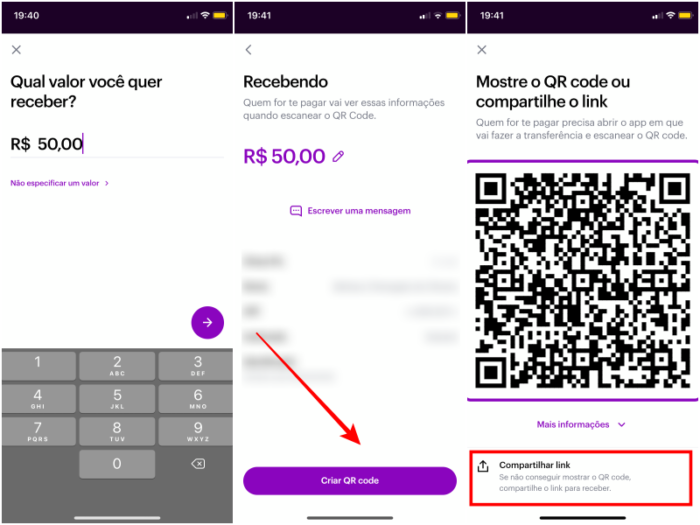 Como compartilhar link de pagamento (Imagem: Reprodução/Nubank)