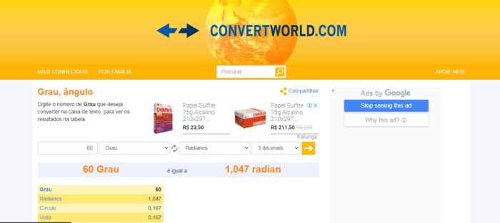 O Convert World converte ângulos e outros tipos de medida, com diversas informações adicionais (Imagem: Reprodução / Convert World)