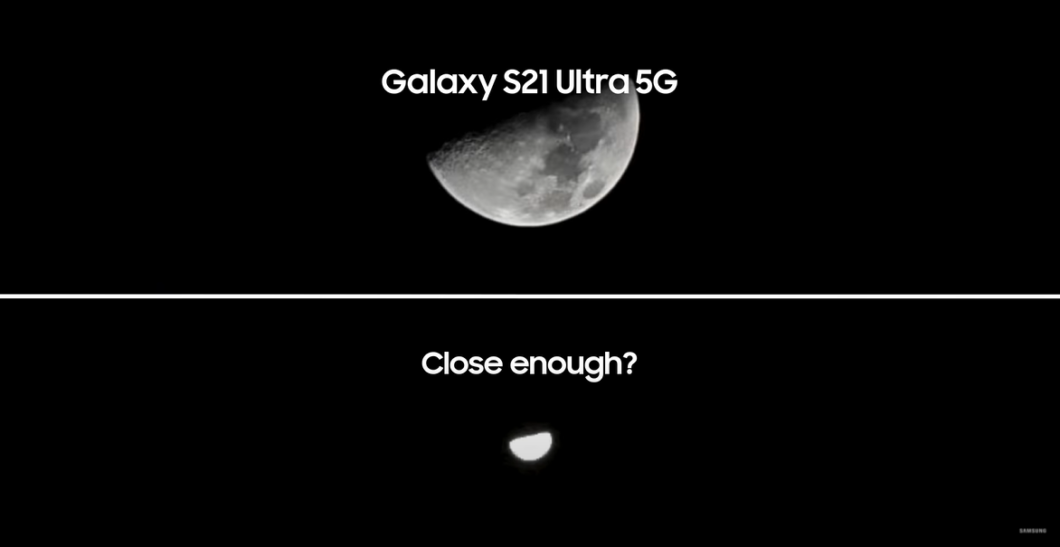 Foto da lua com Galaxy S21 Ultra vs iPhone 12 Pro Max (Imagem: Reprodução/Samsung)