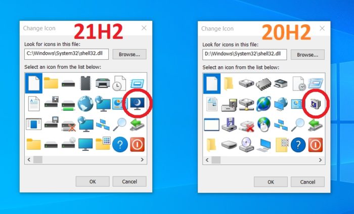 Novos ícones do Windows 10 à esquerda (imagem: MegaMarian12350/Reddit)