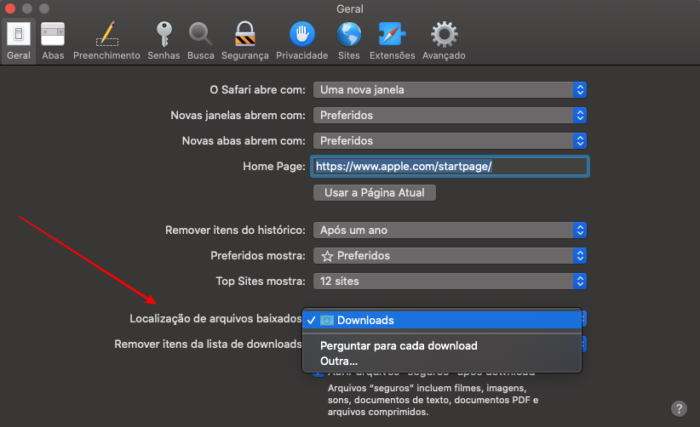 Alterar pasta de download do Safari no Mac (Imagem: Reprodução/macOS)