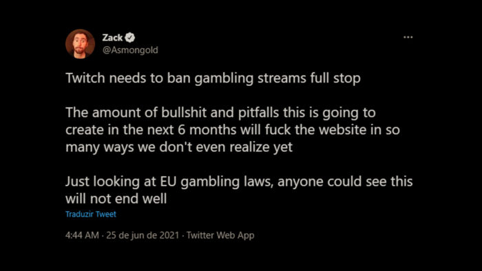 Asmongold pede o banimento das lives de apostas da Twitch (Imagem: Reprocução/Twitter @Asmongold)
