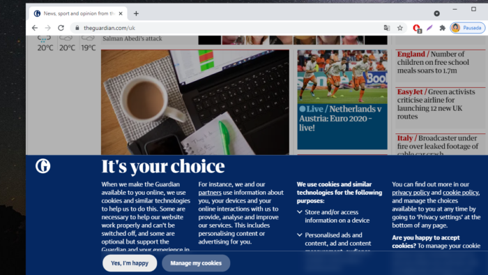 Aviso de cookies no The Guardian