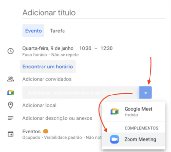 Criar evento no Google Calendar usando o Zoom como plataforma de reunião