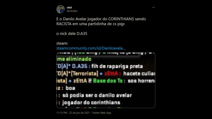 CS:GO: Danilo Avelar é banido de plataforma após ato racista