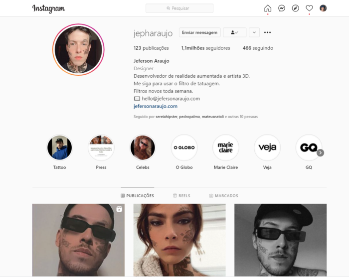 Perfil de Jeph Araujo no Instagram já conta com mais de 1 milhão de seguidores (Imagem: Reprodução/Instagram)