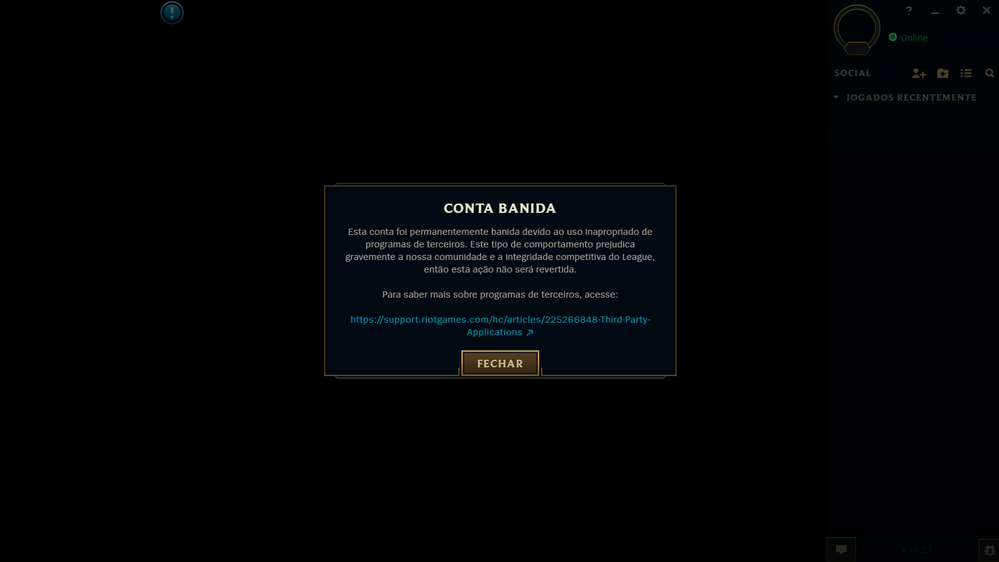 Aviso de banimento em League of Legends (Imagem: Reprodução)