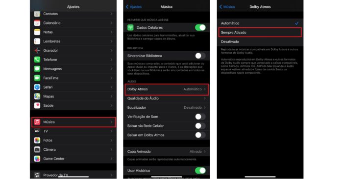 Com a opção Automática ativada, apenas aparelhos compatíveis podem reproduzir o Dolby Atmos (Imagem: Reprodução / iOS)