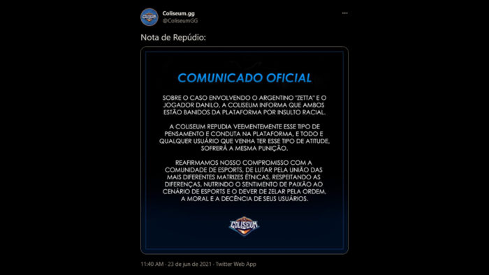 Nota de repúdio da Coliseum.gg (Imagem: Reprodução/Twitter @ColiseumGG)