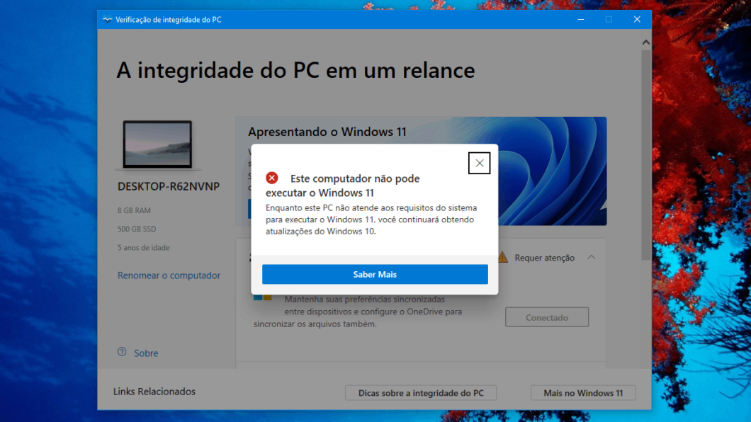 Windows 11 não é compatível com este PC (Imagem: Reprodução)