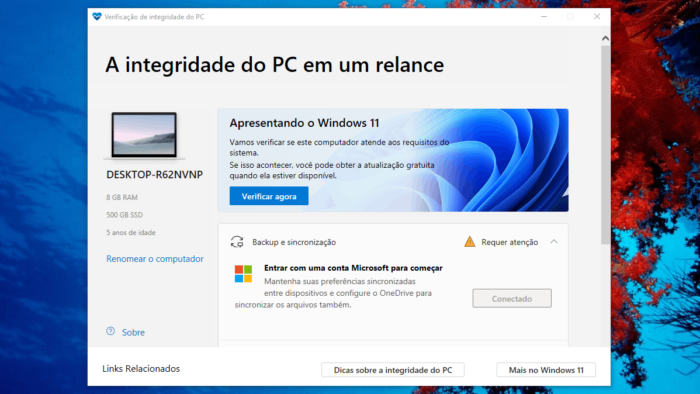 Ferramenta da Microsoft diz se seu PC pode rodar Windows 11 (Imagem: Reprodução)