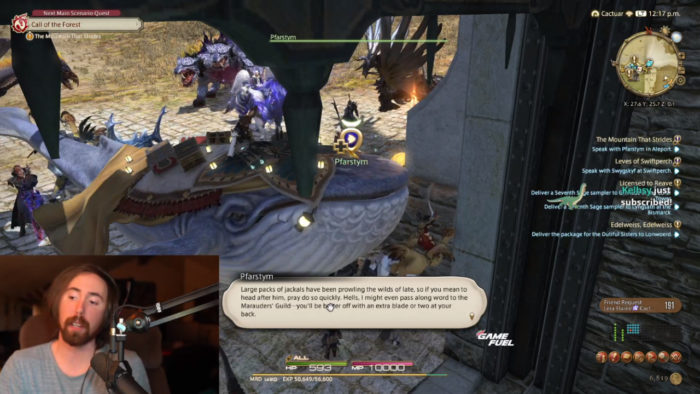 Jogadores de Final Fantasy 14 atrapalham Asmongold com montarias gigantes (Imagem: Reprodução/Twitch Asmongold)