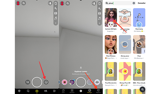 Processo para usar o "filtro da Pixar" no Snapchat (Imagem: Reprodução/Snapchat)