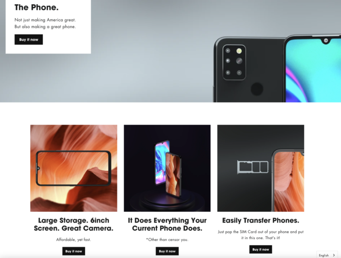 Estes são 4 dos 10 botões "Buy Now" no site do Freedom Phone (Imagem: Reprodução)