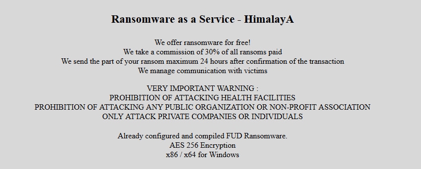 Anúncio do ransomware Himalaya na dark web (imagem: BleepingComputer)