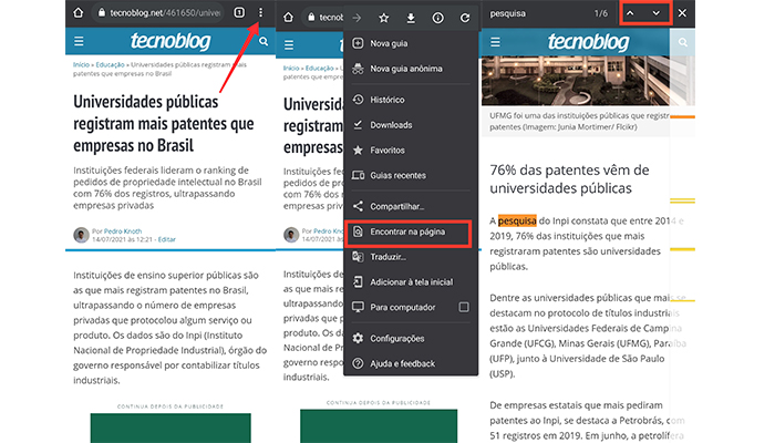 Processo para pesquisar palavras em um texto no app do Google Chrome (Imagem: Reprodução/Google Chrome)