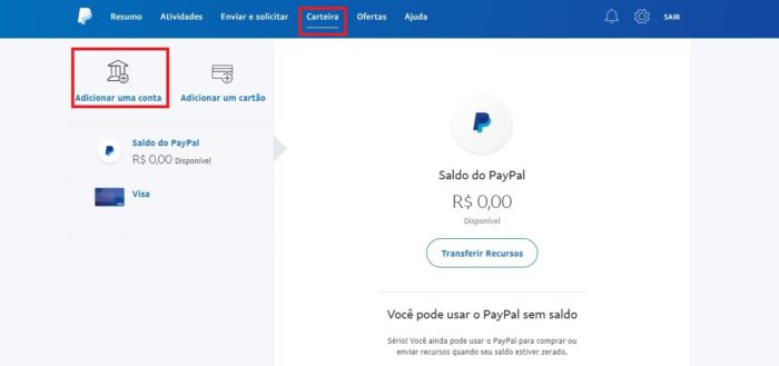 Vincule sua conta bancária ao PayPal para movimentar valores (Imagem: Reprodução/PayPal)