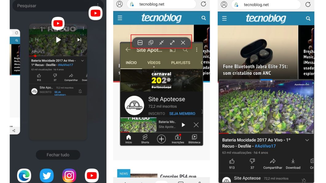 Com o recurso de dividir tela do Android,, é possível deixar o YouTube em segundo plano (Imagem: Reprodução/Android)