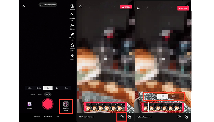 Processo para acelerar um vídeo já gravado no TikTok (Imagem: Reprodução/TikTok)