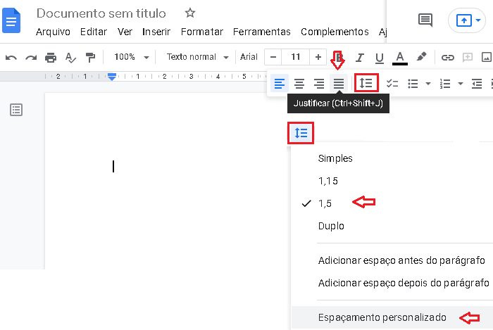 Como ajustar alinhamento e espaçamento no Docs (Imagem: Reprodução/Google Docs)