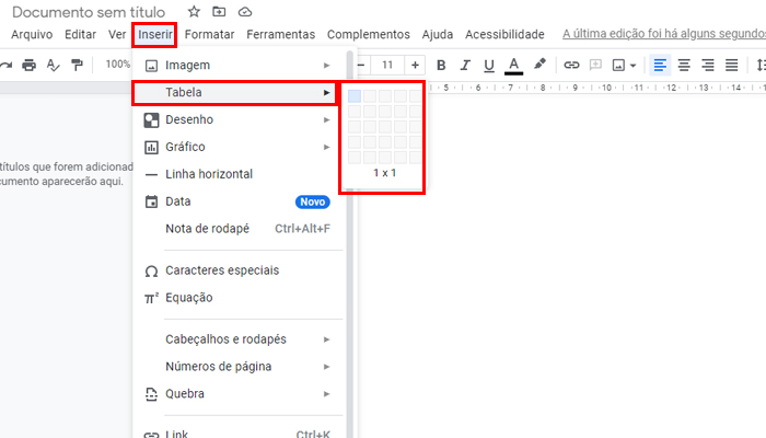 Processo para colocar bordas no Google Docs usando uma tabela (Imagem: Reprodução/Google Docs)