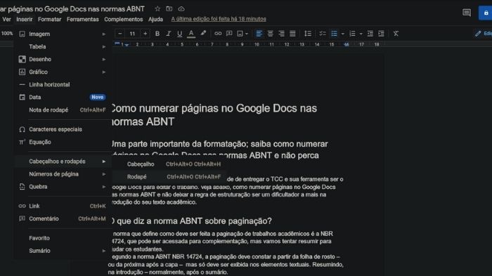 Como numerar páginas no Google Docs nas normas ABNT (Imagem: Leandro Kovacs/Reprodução)