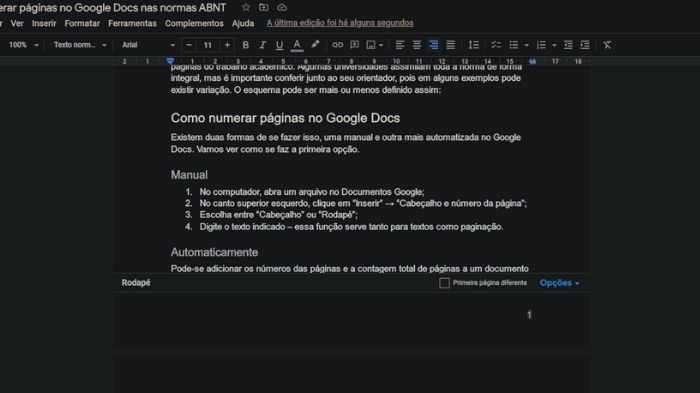 Como numerar páginas no Google Docs nas normas ABNT (Imagem: Leandro Kovacs/Reprodução)