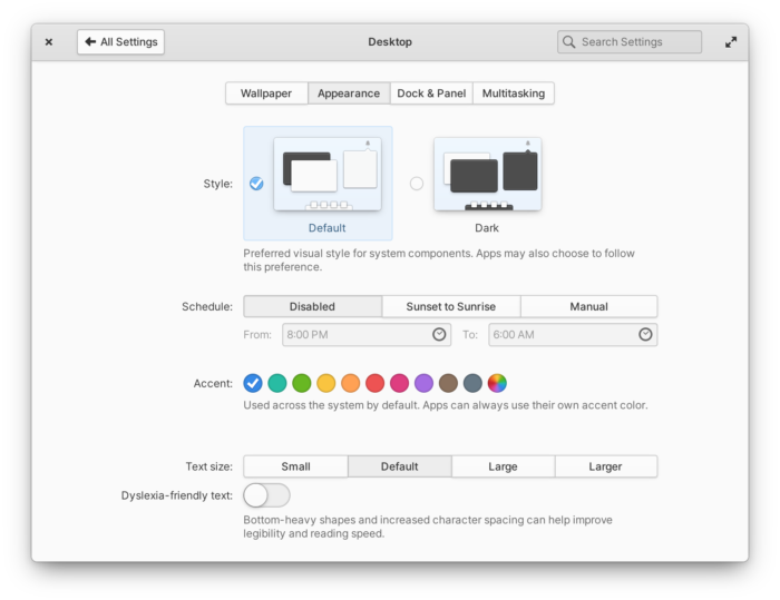 Configurações visuais do Elementary OS 6