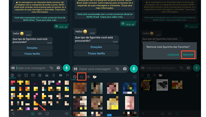 Processo para excluir figurinhas da Netflix do WhatsApp (Imagem: Reprodução/WhatsApp)