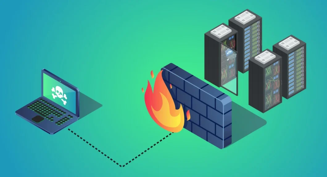 Firewall bloqueando ameaças digitais entre um computador e servidores, representado por uma barreira em chamas e conexões filtradas