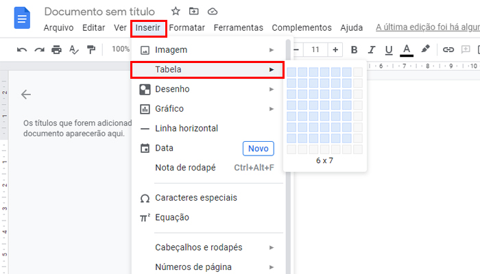 Processo para criar uma tabela no Google Docs (Imagem: Reprodução/Google Docs)