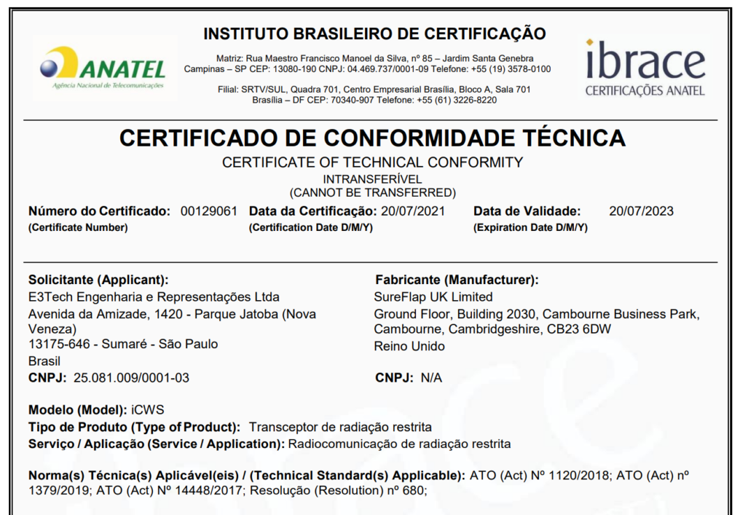 Cetificado de conformidade técnica do bebedouro Felaqua