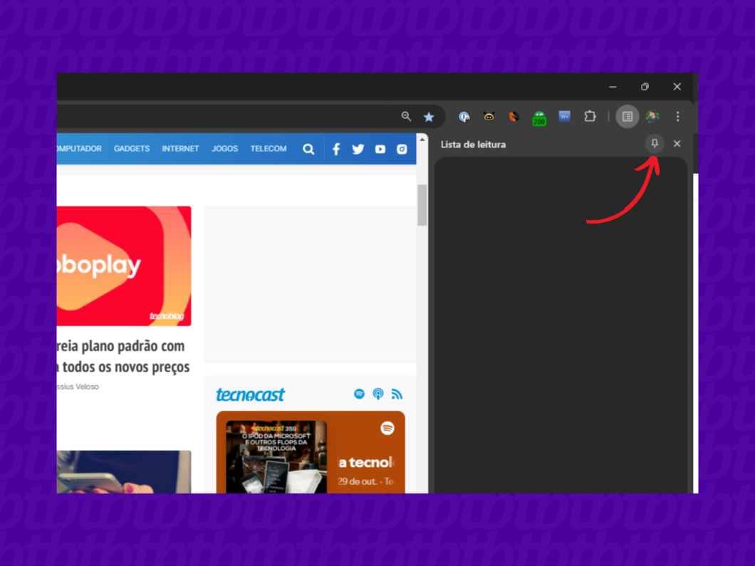 Selecione o botão para fixar a lista de leitura na barra de pesquisa (Imagem: Reprodução/Chrome)
