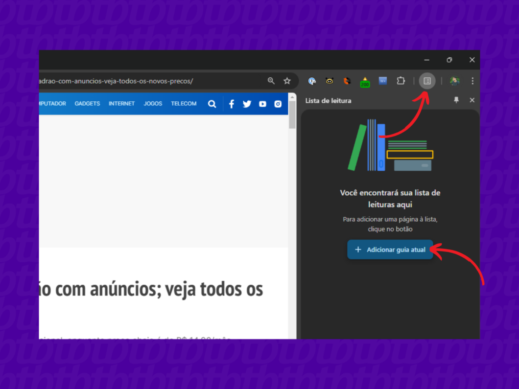 Toque no botão "+" para adicionar uma pasta na lista de leitura do Chrome (Imagem: Reprodução/Chrome)