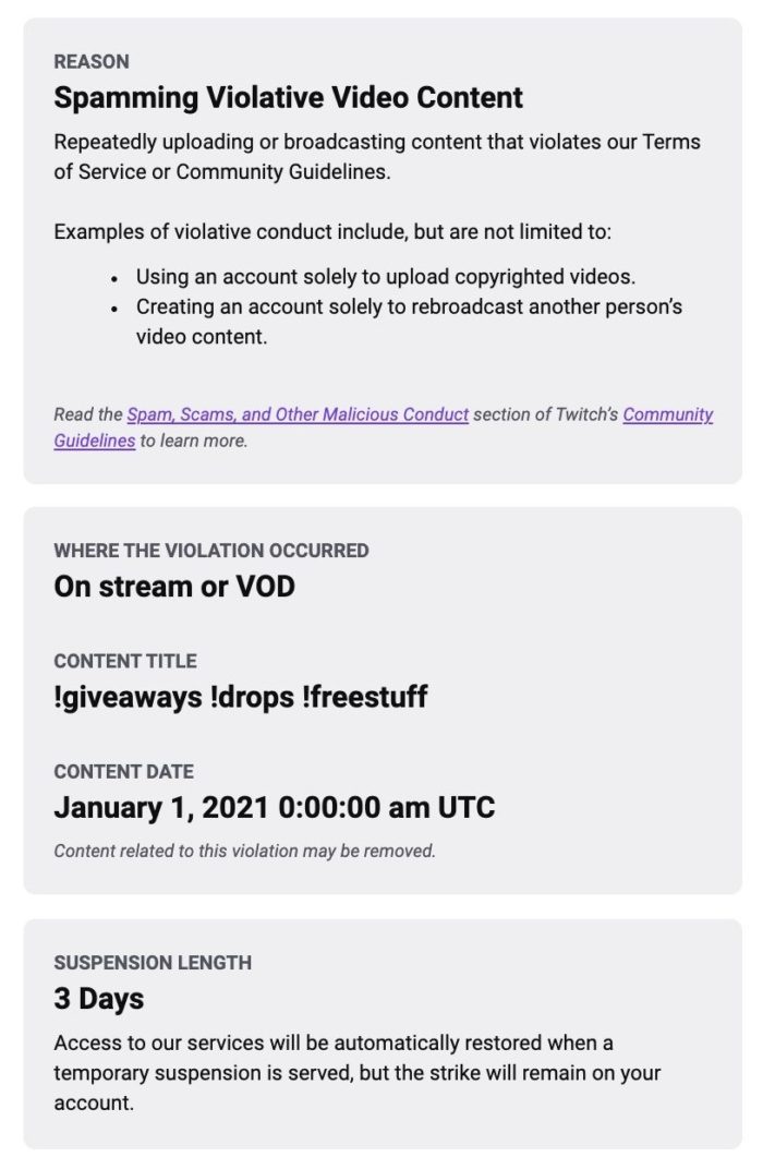 Exemplo da nova notificação de banimento da Twitch (Imagem: Divulgação/Twitch)
