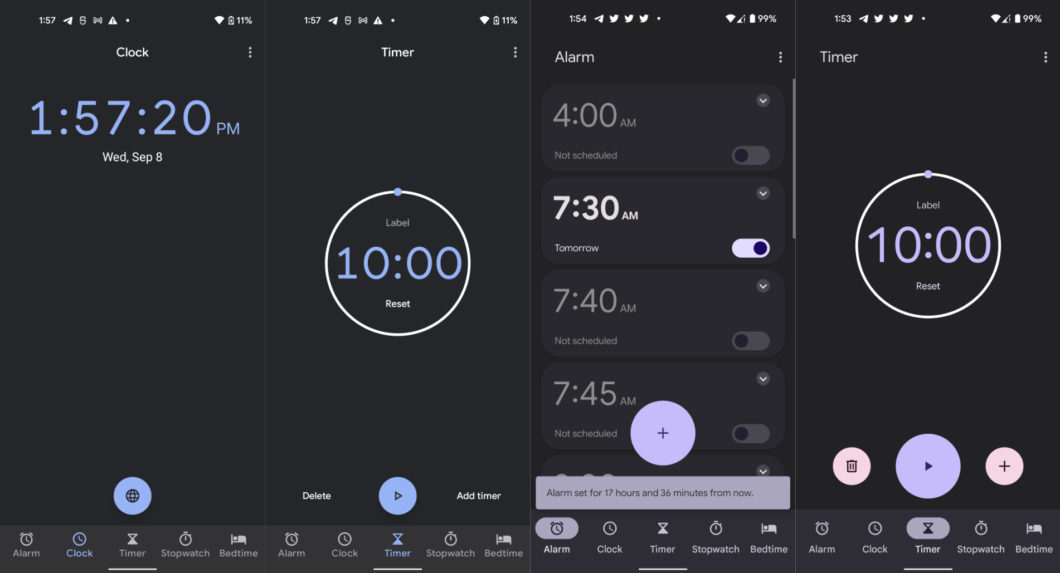 Versão anterior (esquerda) e a nova versão (direita) do app Relógio para Android (Imagem: Reprodução/9to5Google)