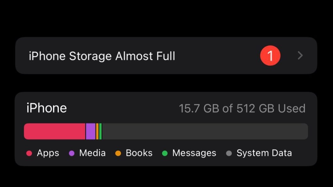 Bug no iOS 15 diz que armazenamento está quase sendo mesmo que tenha muito espaço livre (Imagem: Reprodução/AppleInsider)