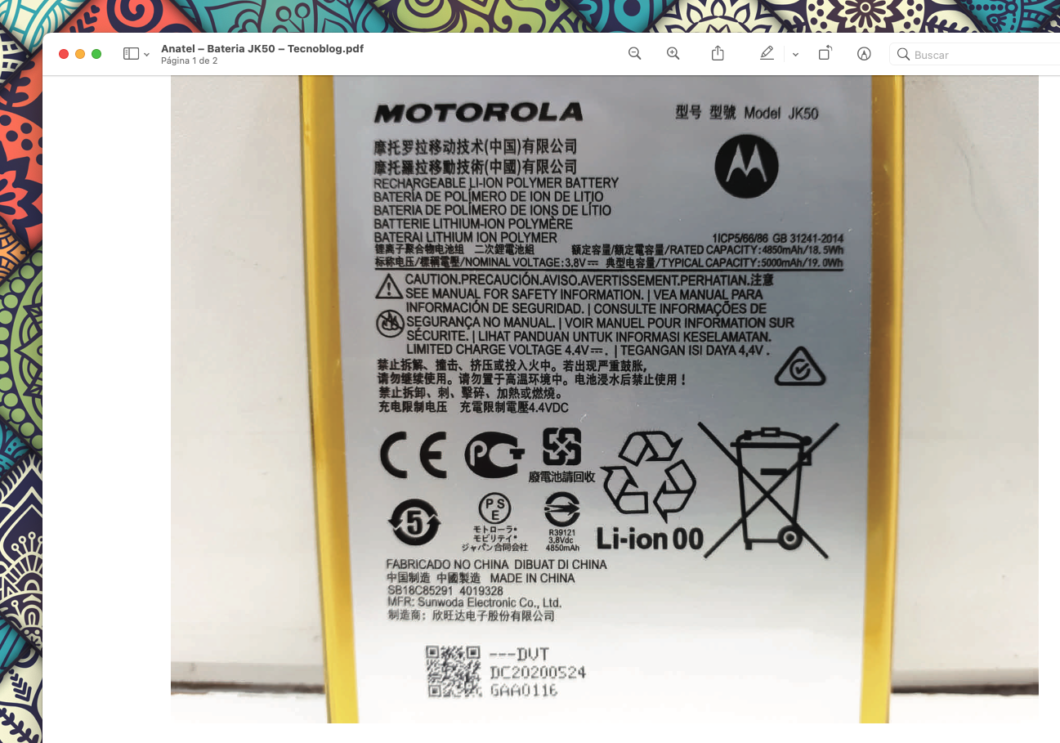 Bateria do Moto G31 na homologação da Anatel (Imagem: Reprodução/Tecnoblog)