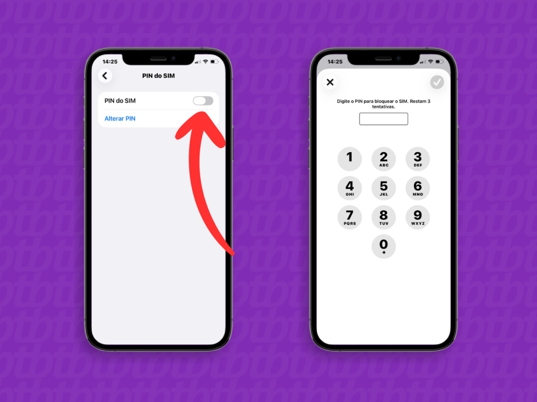 Tela do iPhone mostrando “PIN do SIM” com a opção para inserir o código e bloquear o chip