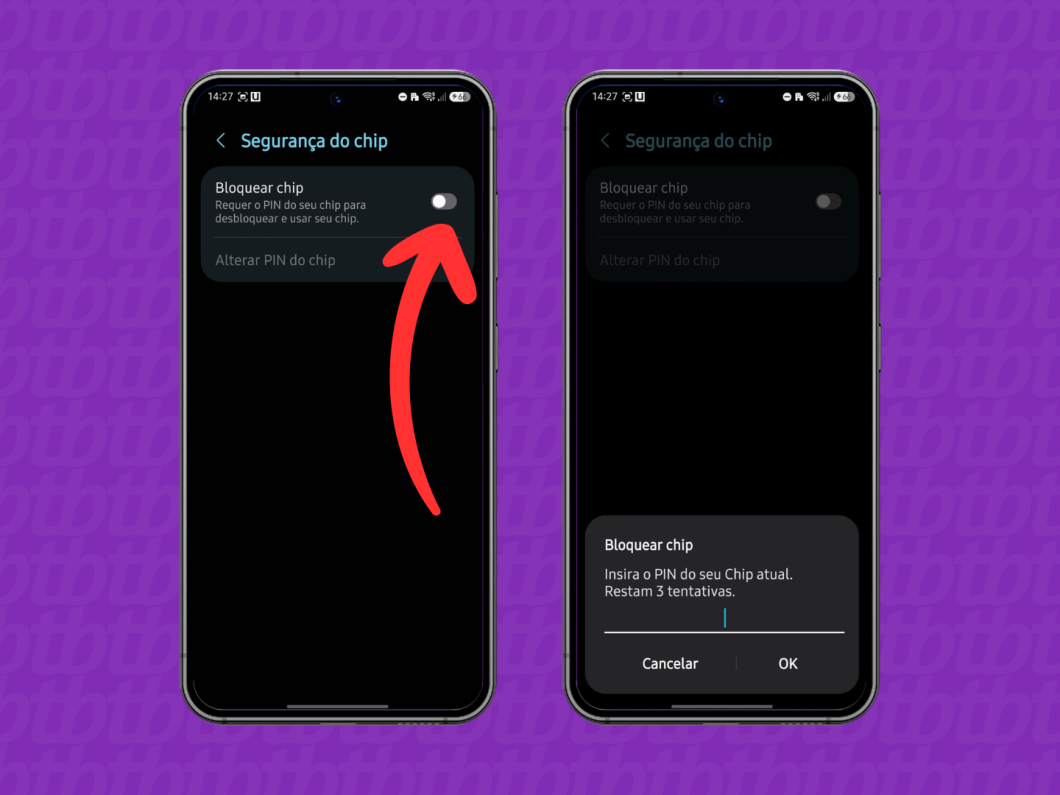Tela do Android com “Segurança do chip” e a opção “Bloquear chip” ativada/alterada com PIN do SIM
